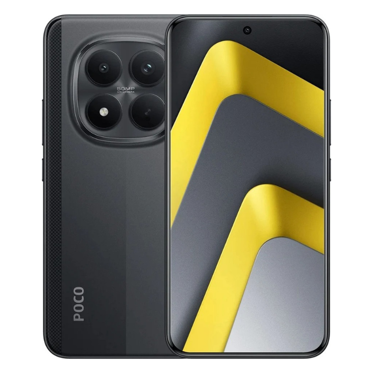 Poco M8 5G preto, smartphone com câmara tripla e ecrã com imagem amarela e cinza.