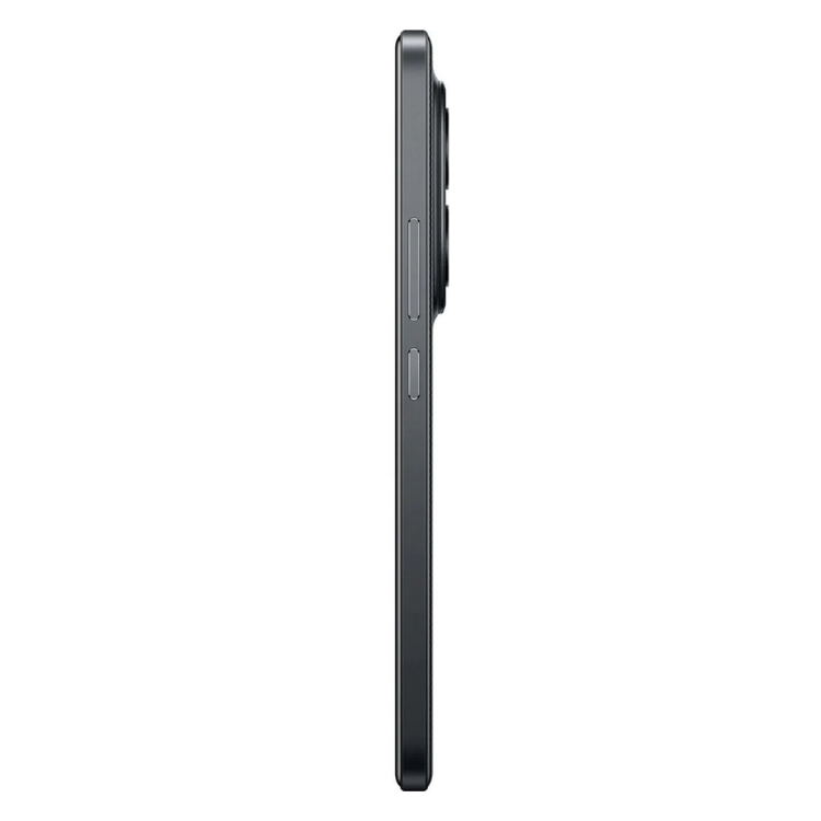 Smartphone Poco M8 Pro 5G preto, lado direito com 3 botões e câmera tripla, em fundo branco.
