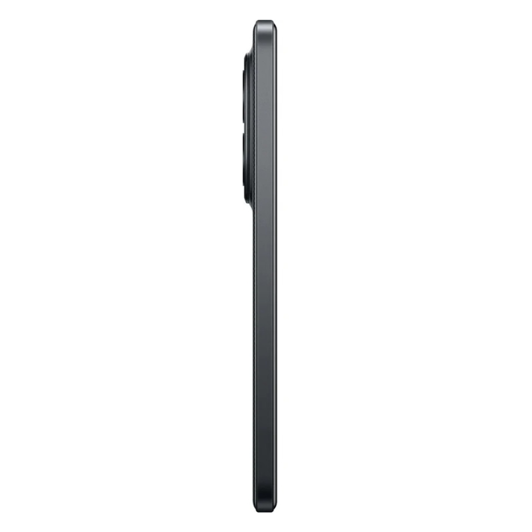 Smartphone Poco M8 Pro 5G preto, lado esquerdo com câmera e botões laterais visíveis.