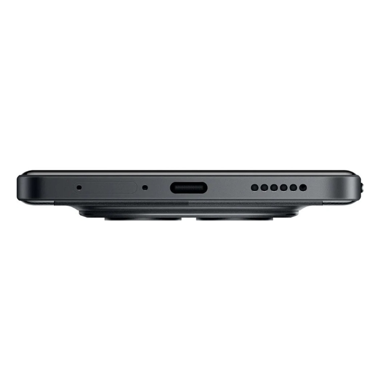 Poco M8 Pro 5G preto, vista lateral com várias aberturas para microfones e altifalante.