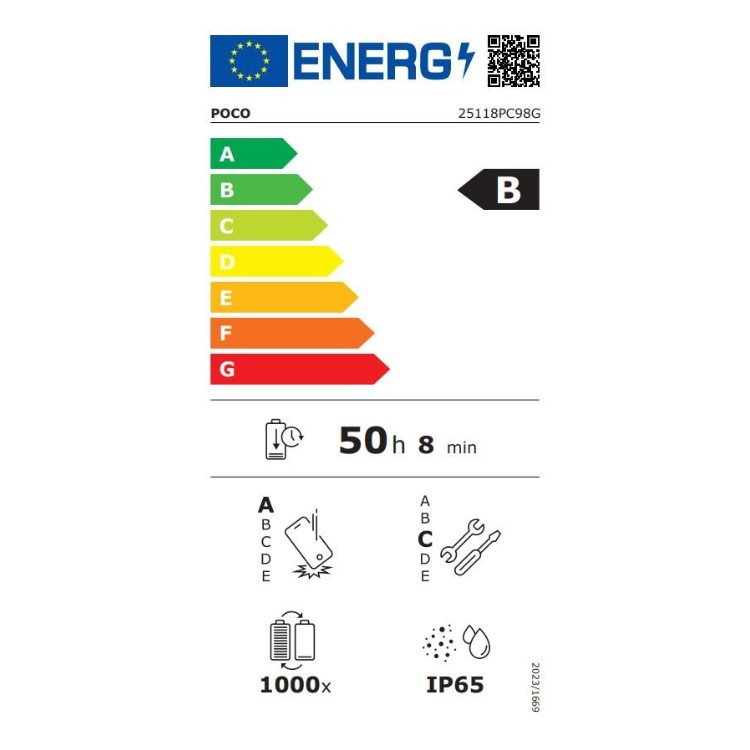 Etiqueta energética do smartphone POCO com classificação B.