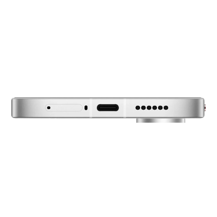 Poco X8 Pro 5G branco, vista lateral com várias entradas e saídas.