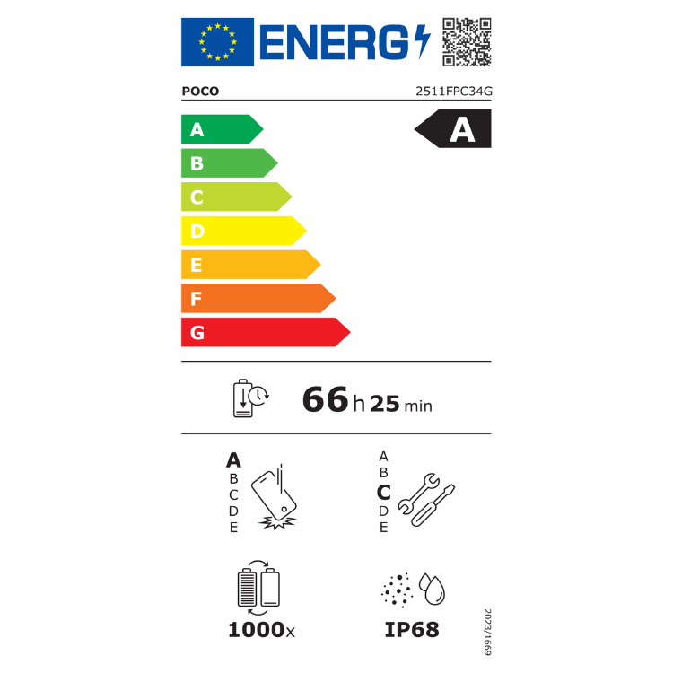 Etiqueta energética do smartphone POCO, eficiência A, bateria 66h 25min.