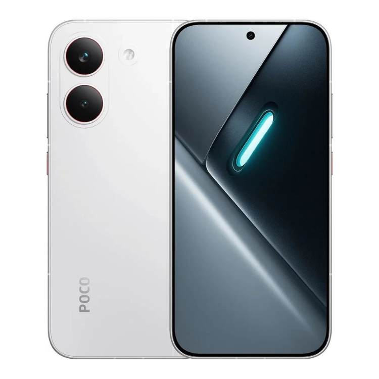 Smartphone POCO X8 Pro branco,  com ecrã ligado mostrando luz azul, câmaras duplas na parte de trás.
