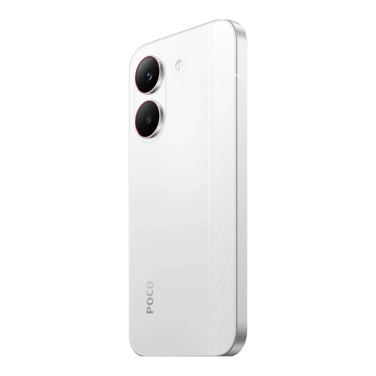 Poco X8 Pro 5G branco, smartphone com duas câmaras traseiras e logotipo POCO na parte inferior.