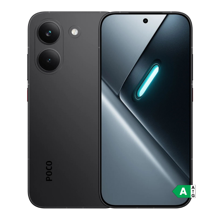 Smartphone POCO X8 Pro 5G preto, 8GB/256GB, câmaras duplas e ecrã com luz azul.