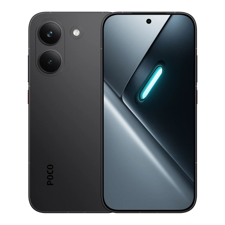 Smartphone POCO X8 Pro 5G preto, com duas câmeras na parte traseira e ecrã ligado mostrando luz azul.