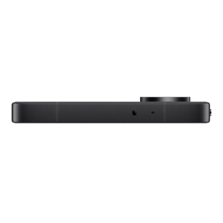 Smartphone Xiaomi Poco X8 Pro 5G preto, vista lateral com câmaras e detalhes do design.