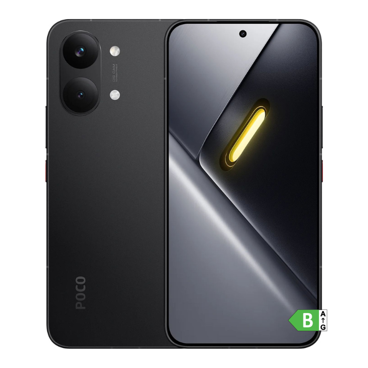 Smartphone POCO X8 Pro Max 5G preto, 12GB/256GB, câmaras duplas e ecrã com luz âmbar.