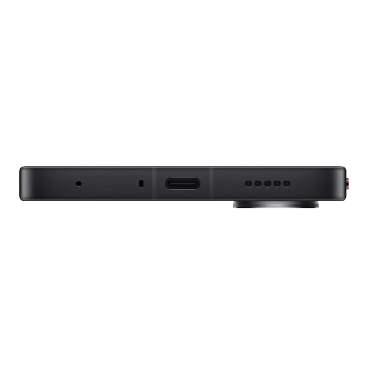 Poco X8 Pro Max 5G preto, vista lateral com várias entradas e saídas.