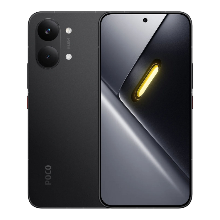 Smartphone POCO X8 Pro Max 5G preto, 12GB/256GB, câmara dupla e ecrã com luz amarela.