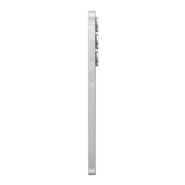 Samsung Galaxy S25 FE branco, lado direito com botões e câmeras.