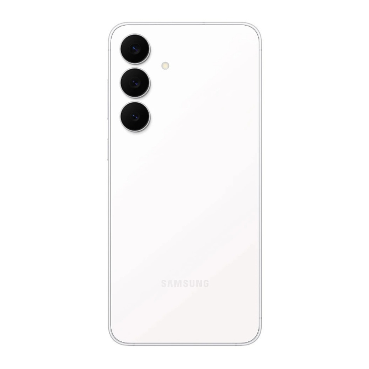 Samsung Galaxy S25 FE branco, vista traseira com três câmeras verticais e logótipo SAMSUNG.