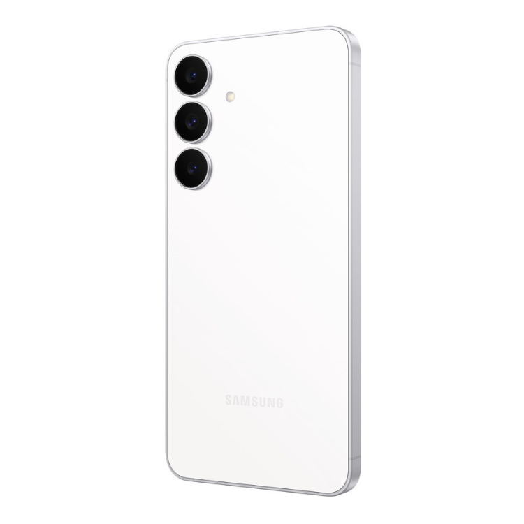 Samsung Galaxy S25 FE branco, 3 câmeras traseiras, logotipo SAMSUNG na parte inferior.