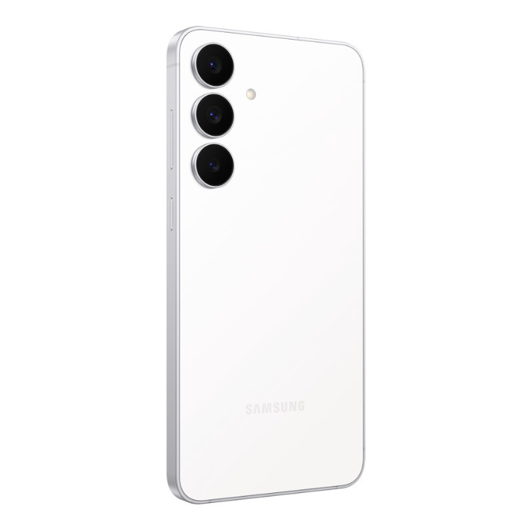 Samsung Galaxy S25 FE branco, 3 câmeras traseiras, logotipo SAMSUNG na parte inferior.