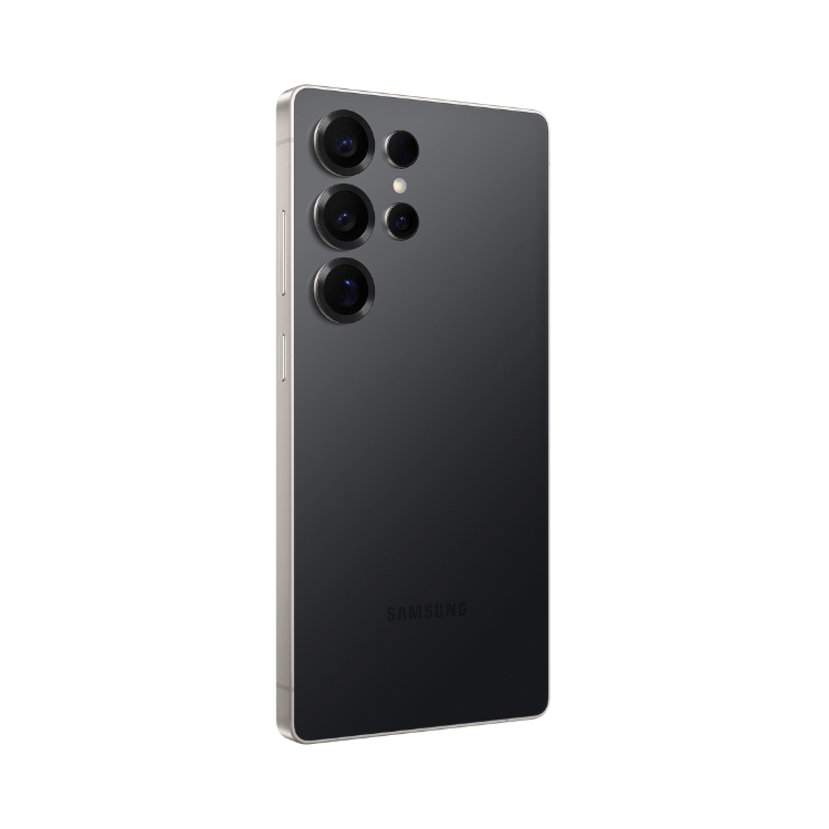 Samsung Galaxy S25 Ultra, preto titânio, 4 câmeras traseiras e logotipo da marca.