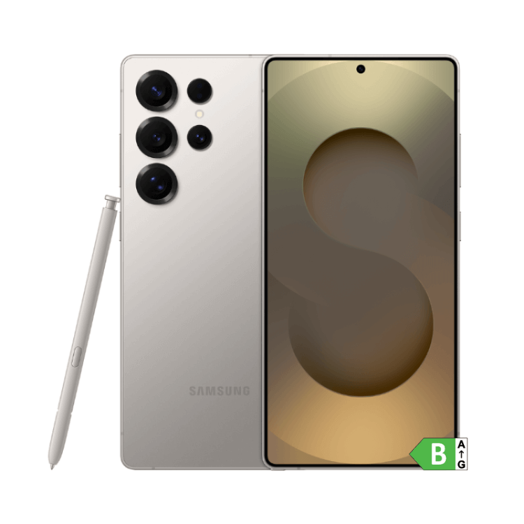Samsung Galaxy S25 Ultra 5G cinzento titânio, smartphone com caneta stylus, câmaras quádruplas e ecrã ligado.