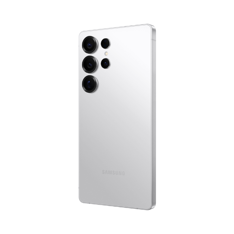 Samsung Galaxy S25 Ultra branco titânio com cinco câmeras traseiras.