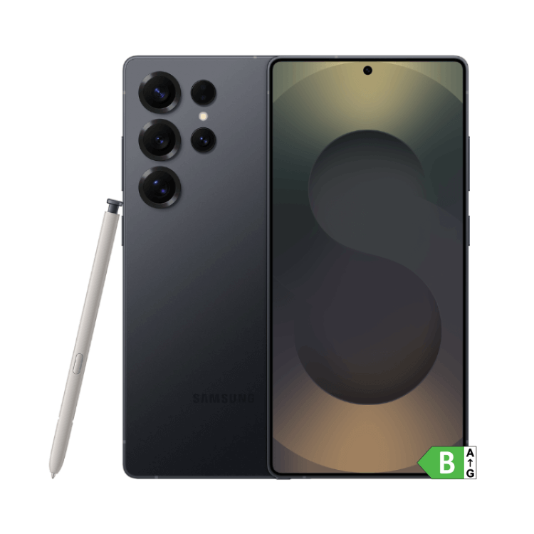Samsung Galaxy S25 Ultra preto titânio com caneta stylus e ecrã ligado.
