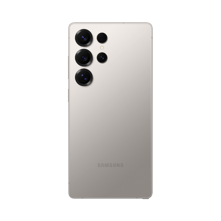 Samsung Galaxy S25 Ultra 5G, Cinzento Titânio, quatro câmeras na parte superior esquerda e logótipo SAMSUNG na parte inferior.