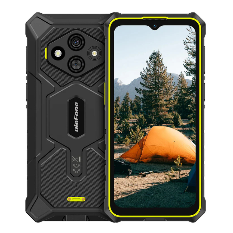 Smartphone Ulefone RugKing preto, 8GB/256GB, Dual Sim, com detalhes em amarelo, mostrando o ecrã com uma imagem de acampamento.