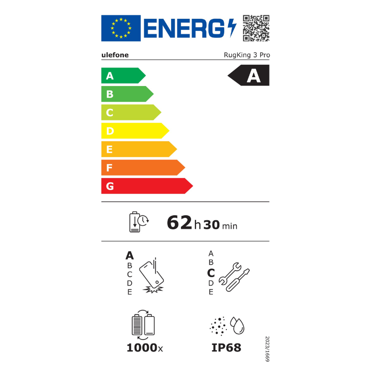 Etiqueta energética do smartphone Ulefone RugKing 3 Pro, eficiência A, bateria 62 horas e 30 minutos, resistência 1000x, IP68.