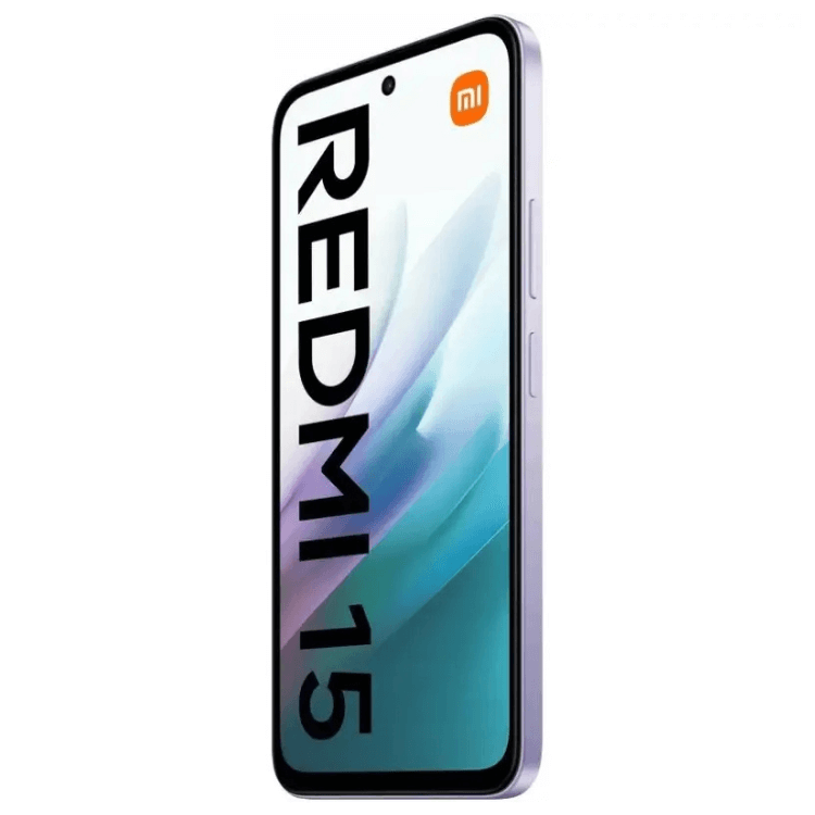 Smartphone Xiaomi Redmi 15 Roxo, 6GB/128GB, Dual Sim, ecrã colorido com logotipo Redmi e marca Xiaomi.
