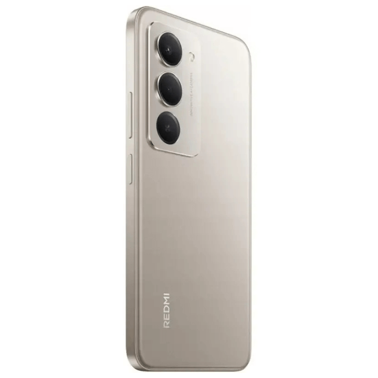 Xiaomi Redmi, smartphone cinzento, três câmeras verticais no canto superior esquerdo.