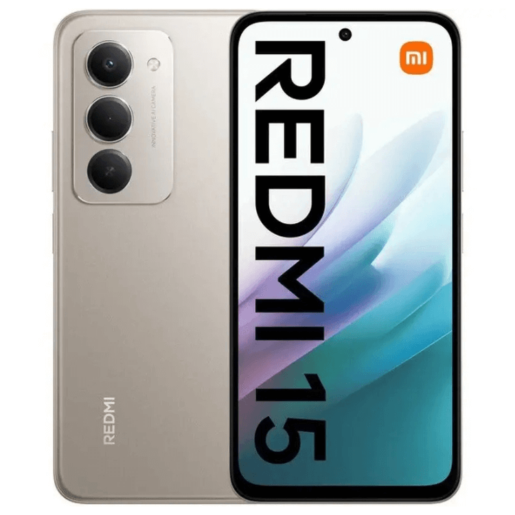 Smartphone Xiaomi Redmi 15 cinzento, 8GB/256GB, câmara tripla e ecrã 6.9 polegadas.