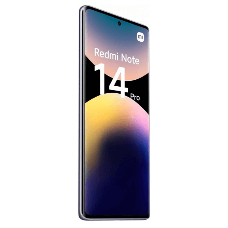 Smartphone Xiaomi Redmi Note 14 Pro, 6.67 polegadas, 12GB/512GB, cor roxa, ecrã ligado.