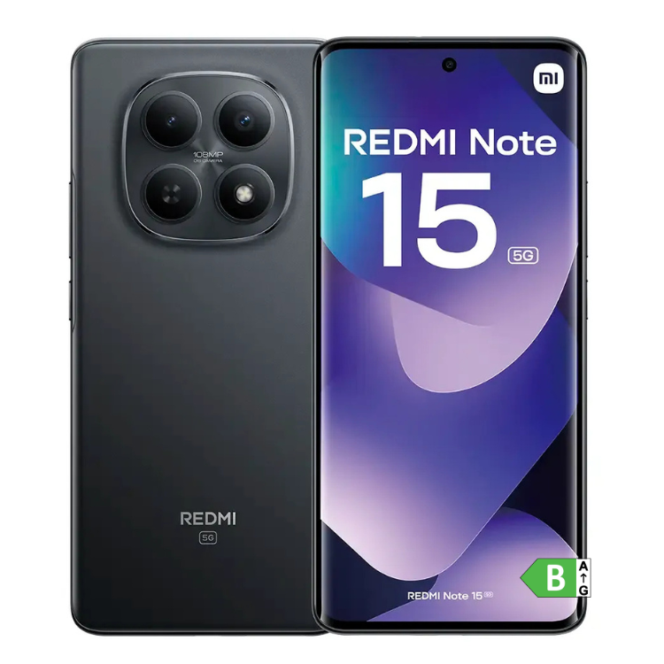 Xiaomi Redmi Note 15 5G preto, 12GB/512GB, câmara tripla e ecrã com logótipo Redmi e 5G.