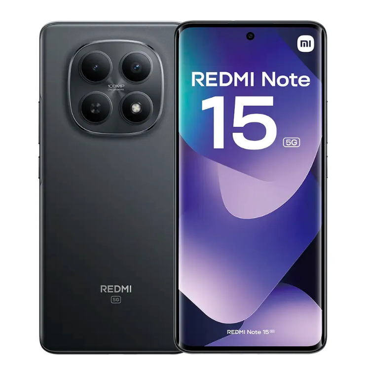 Xiaomi Redmi Note 15 5G preto, 12GB/512GB, câmara tripla e ecrã com logótipo Redmi e Mi.