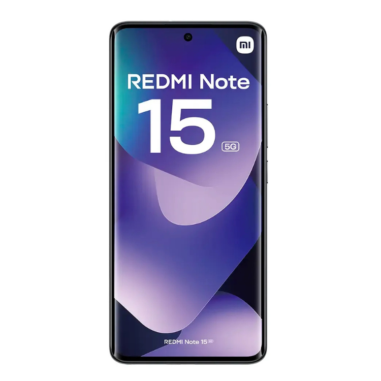 Xiaomi Redmi Note 15 5G, smartphone preto com ecrã de tons de azul e roxo, logotipo Mi e texto Redmi Note 15 5G.