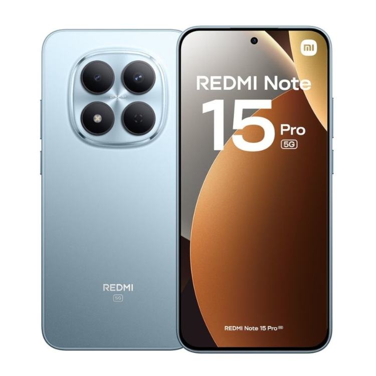 Smartphone Xiaomi Redmi Note 15 Pro 5G, azul,  câmaras quádruplas, ecrã ligado com o logótipo.