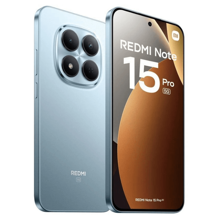 Smartphone Xiaomi Redmi Note 15 Pro 5G, azul, 8GB/256GB, câmaras quádruplas na parte de trás e ecrã com logótipo Redmi Note 15 Pro 5G.