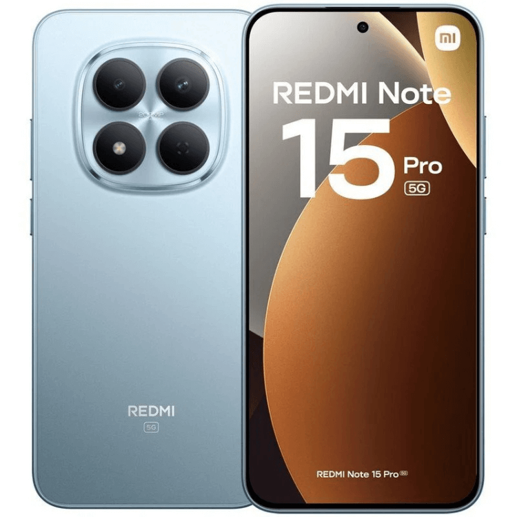 Smartphone Xiaomi Redmi Note 15 Pro 5G, azul, 8GB/256GB, câmaras quádruplas na parte de trás e ecrã com logótipo Redmi e detalhes do produto.