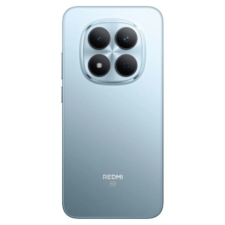 Smartphone Xiaomi Redmi azul com quatro câmeras e logotipo Redmi e 5G na parte de trás.