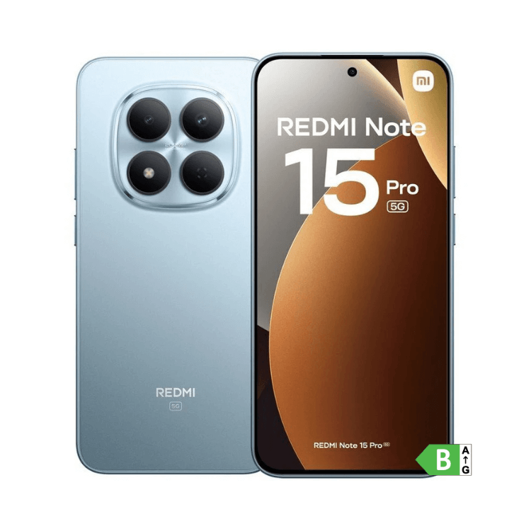 Smartphone Xiaomi Redmi Note 15 Pro 5G, azul, 8GB/256GB, câmaras quádruplas na parte de trás e ecrã com logótipo Redmi.