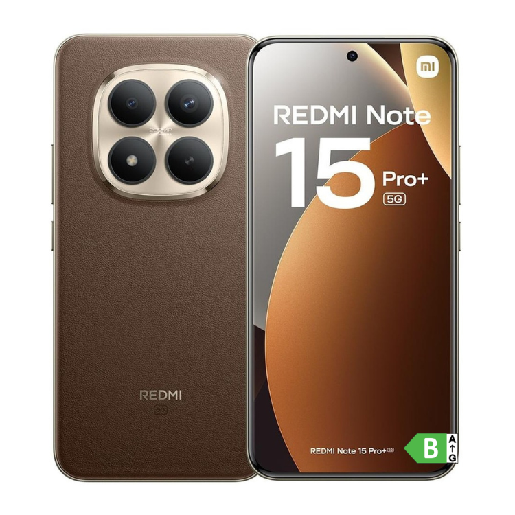 Smartphone Xiaomi Redmi Note 15 Pro+ 5G castanho, 12GB/512GB, câmaras quádruplas e ecrã com logótipo Redmi e 5G.