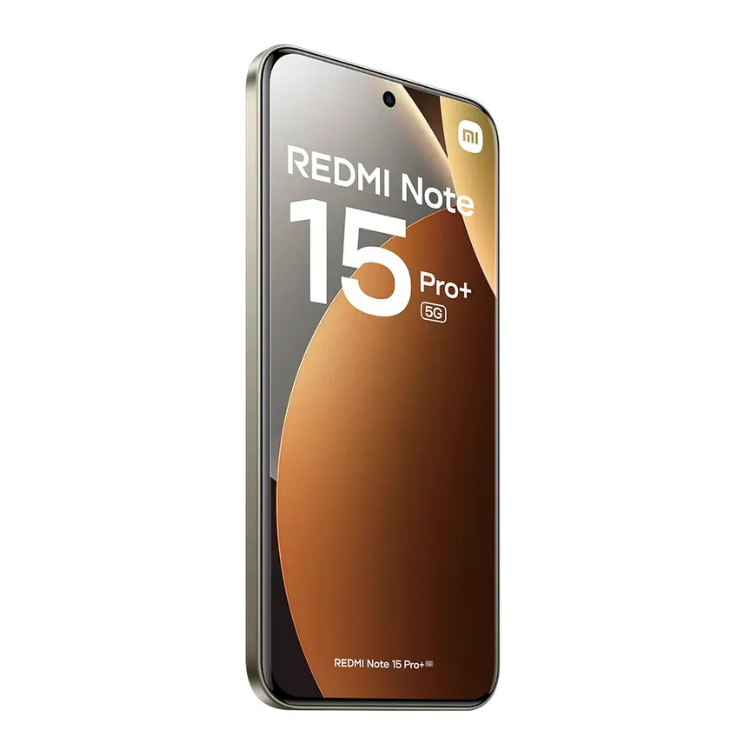 Smartphone Xiaomi Redmi Note 15 Pro+ 5G castanho, com ecrã a mostrar o logótipo e modelo do dispositivo.