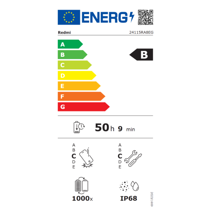 Etiqueta energética do smartphone Xiaomi Redmi, classificação B, bateria 50 horas e 9 minutos, resistência IP68.