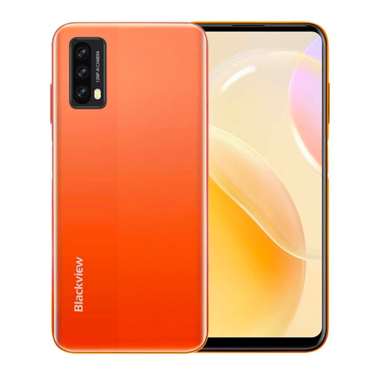 Smartphone Blackview A90 cor laranja, com três câmaras e ecrã ligado, mostrando o interface.
