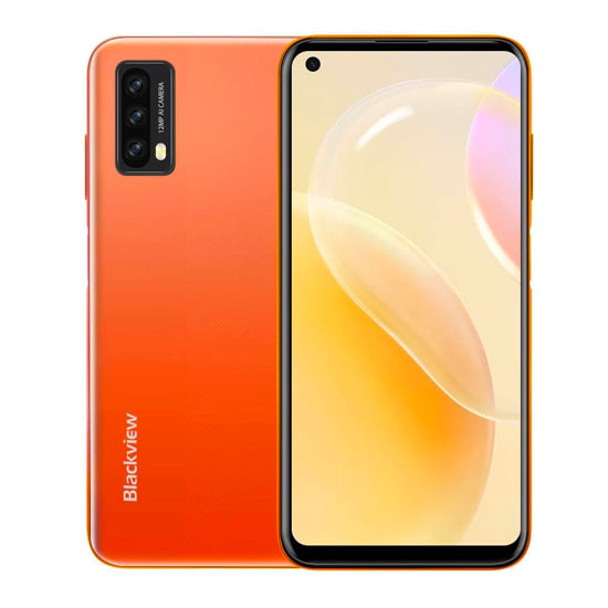 Smartphone Blackview A90 cor laranja, com ecrã ligado e desligado, câmara tripla e marca Blackview na parte de trás.