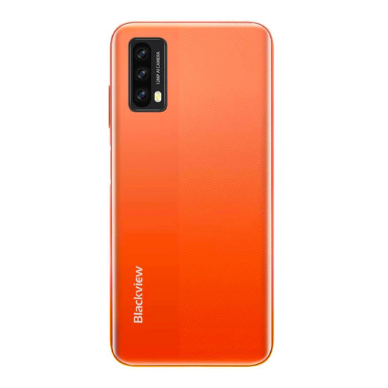 Smartphone Blackview A90 cor laranja, com três câmaras verticais no canto superior esquerdo e logotipo Blackview na parte inferior esquerda.
