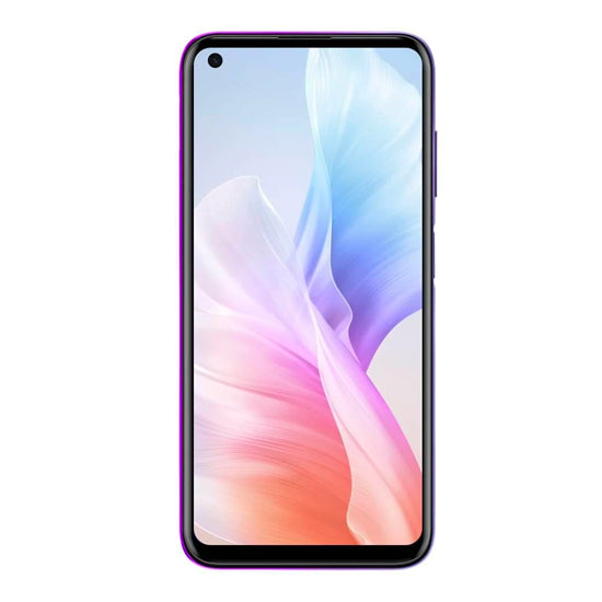Smartphone Blackview A90 roxo com ecrã de 6.39 polegadas e imagem de fundo colorida.