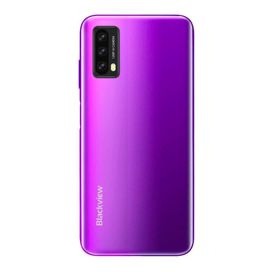 Smartphone Blackview A90, cor roxa, com câmera tripla e logotipo da marca na parte inferior.