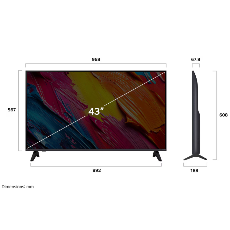TV LG 43QNED70A6A, 43 polegadas, 4K, QNED, preto, dimensões 967x608x188mm.