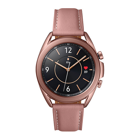 Relógio inteligente Samsung Galaxy Watch3, bronze, 41mm, com pulseira de couro rosa.