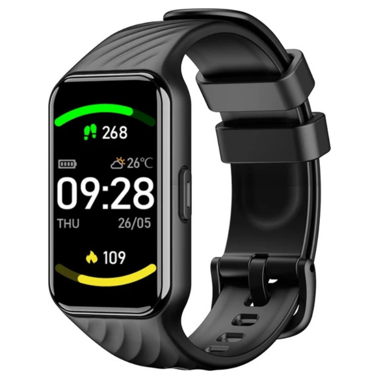 Smartwatch Blackview R10 preto com pulseira preta e ecrã digital a mostrar data, hora e dados de atividade física.