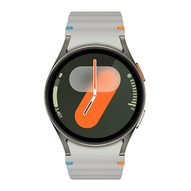 Smartwatch Samsung Galaxy Watch7 prata 44mm com pulseira cinza e detalhes laranja.